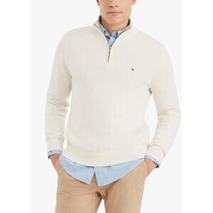 Tommy Hilfiger Mens Cotton Quarter Zip Pullover Sweater, White Heather, Small US